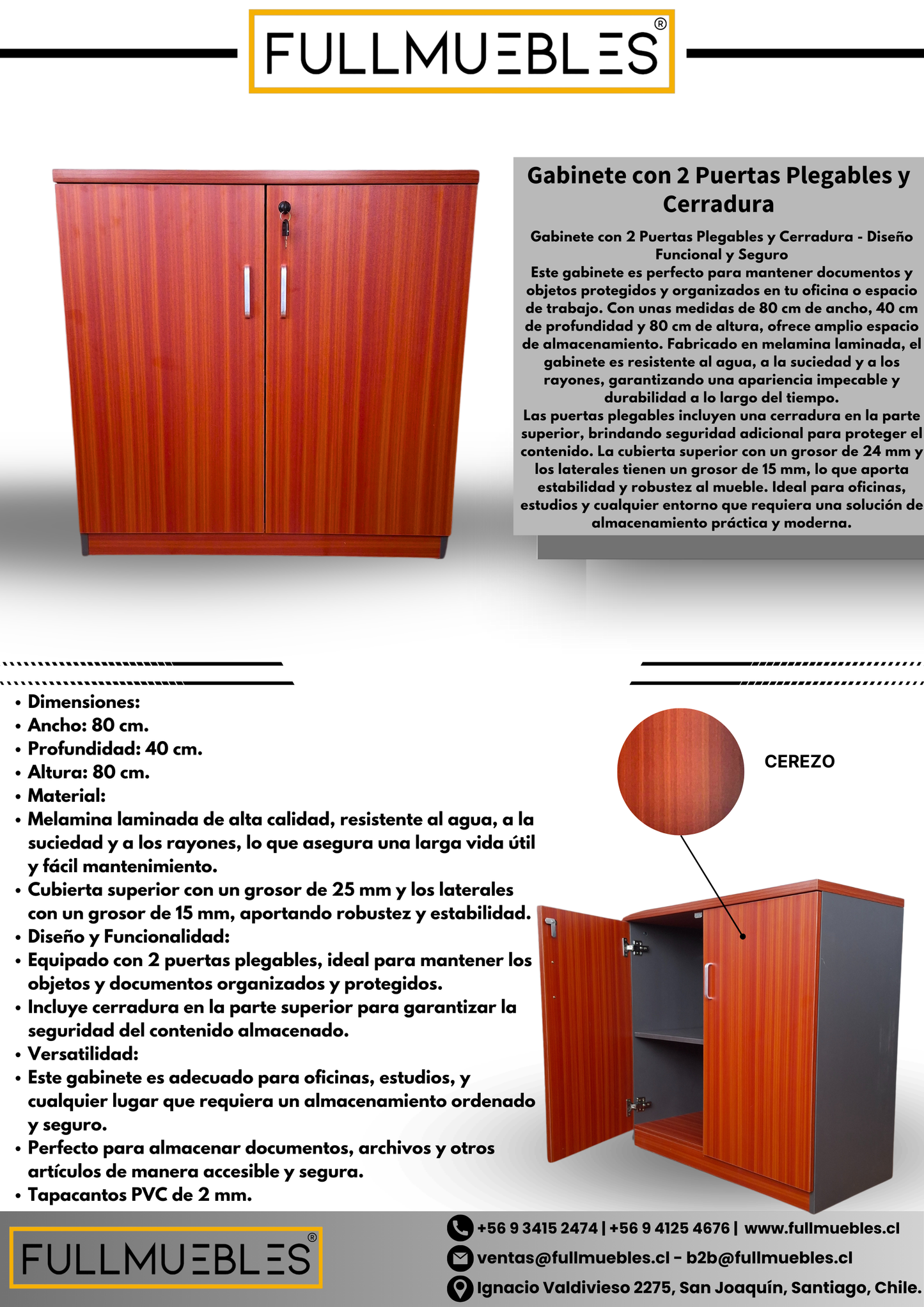 Gabinete con 2 Puertas Plegables y Cerradura cerezo