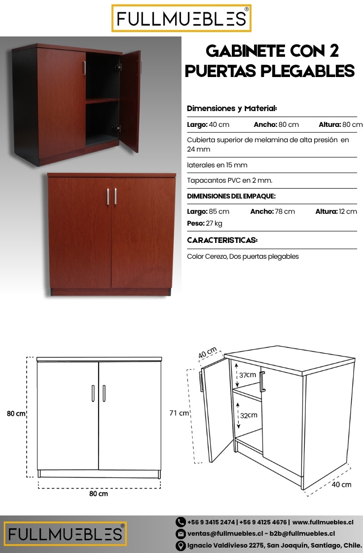 Archivador o Gabinete bajo - Con llave - 80x80x40 - Dos niveles - Color Cerezo