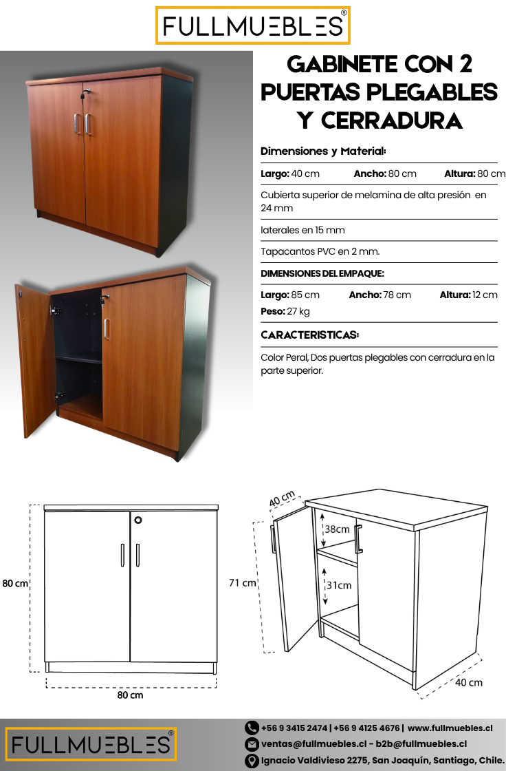 Archivador o Gabinete bajo - Con llave - 80x80x40 - Dos niveles - Color Peral