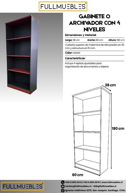 Gabinete o Archivador con 4 Niveles - Color Cerezo