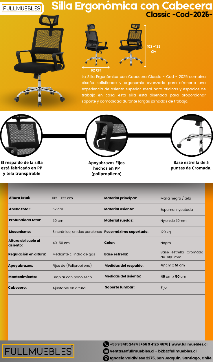 Silla 2025 - Ergonómica - Brazos Fijos - Base Cromada - Altura Regulable