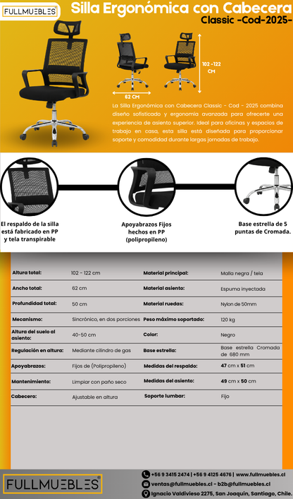 Silla 2025 - Ergonómica - Brazos Fijos - Base Cromada - Altura Regulable