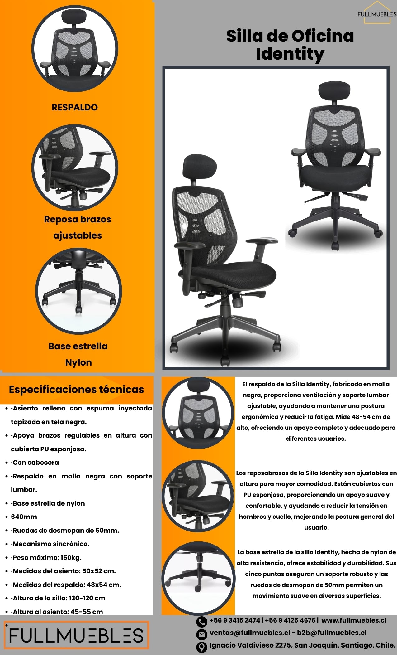 Silla ergonómica con brazos regulables y cabecera Identity -cod-2001-