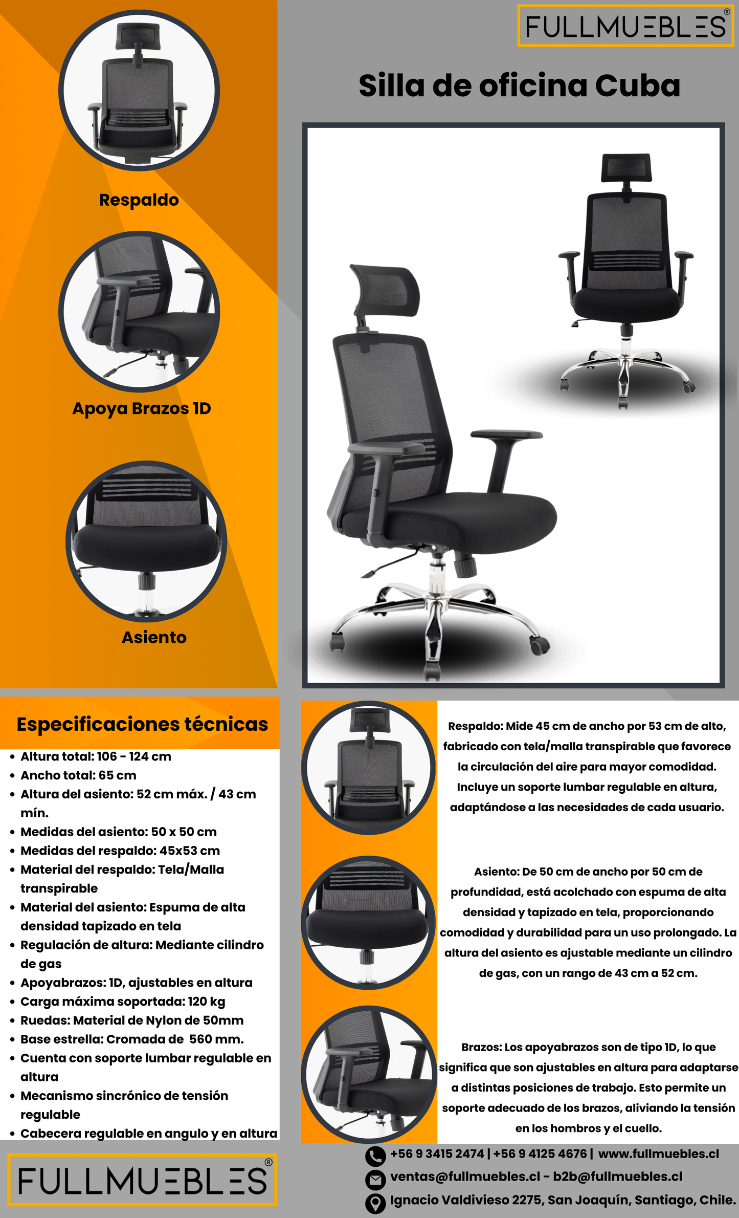 Silla de oficina Cuba con Respaldo Ajustable, Base Cromada y Brazos Regulables