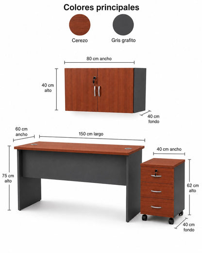 Set Oficina 3 Piezas Escritorio 150 cm + Cajonera + Gabinete Aéreo Color Cerezo