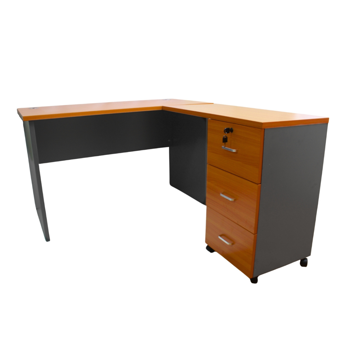 Escritorio en L Modular - 120x150x75 - 3 Cajones - Primer Cajón con llave - Color Peral y Gris Oscuro