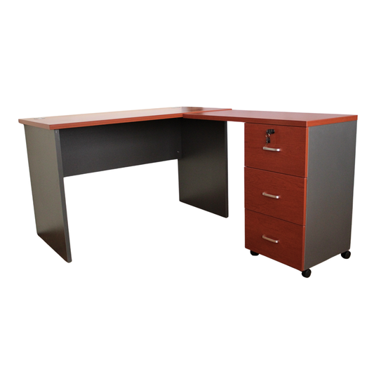 Escritorio en L Modular - 120x120x75 - 3 Cajones - Primer Cajón con llave - Color Cerezo y Gris Oscuro
