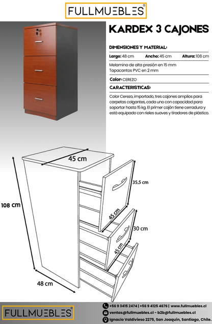 Kardex 3 cajones - primer cajón con llave - 107x48x45 - Color Cerezo - Cubierta 25 mm