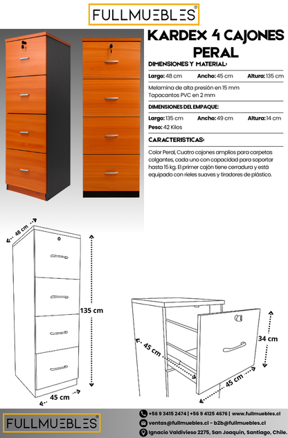 Kardex Con 4 Cajones Primer Cajón Con Llave Color Peral -Importado-