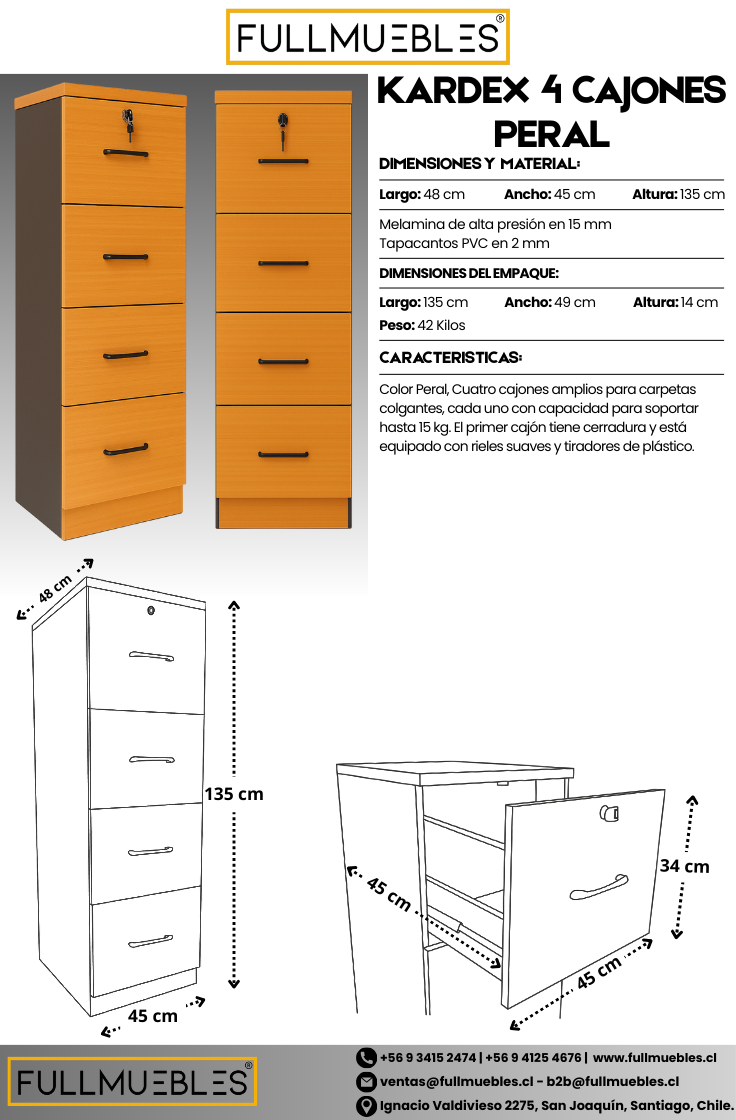 Kardex Con 4 Cajones Primer Cajón Con Llave Color Peral -Importado-