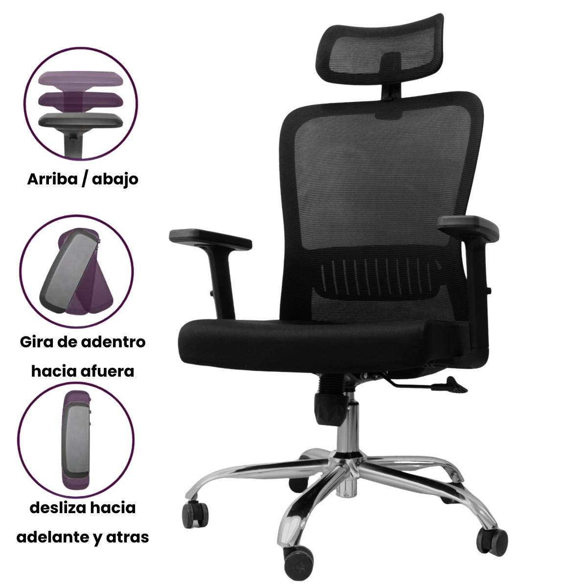 Silla NEW CUBA Ergonómica - Con Cabecera - Brazos 1D o 3D - Apoyo Lumbar, Respaldo y Altura Regulable  - Base Cromada