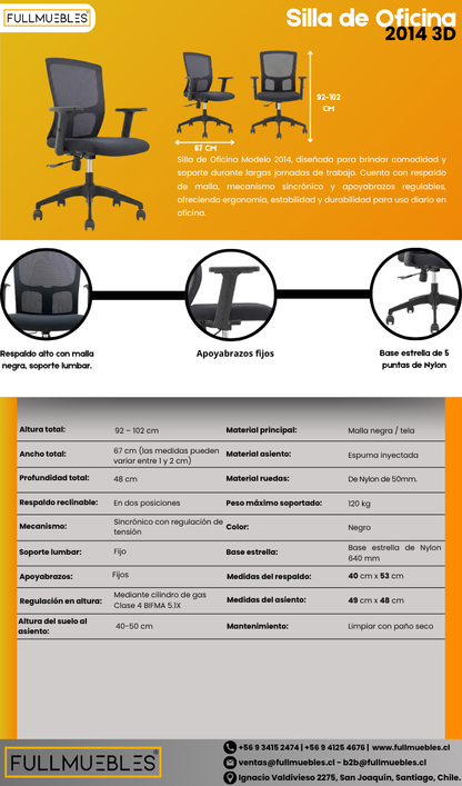Silla 2014 - Ergonómica - Brazos 1D Ajustables - Base Nylon - Altura Regulable