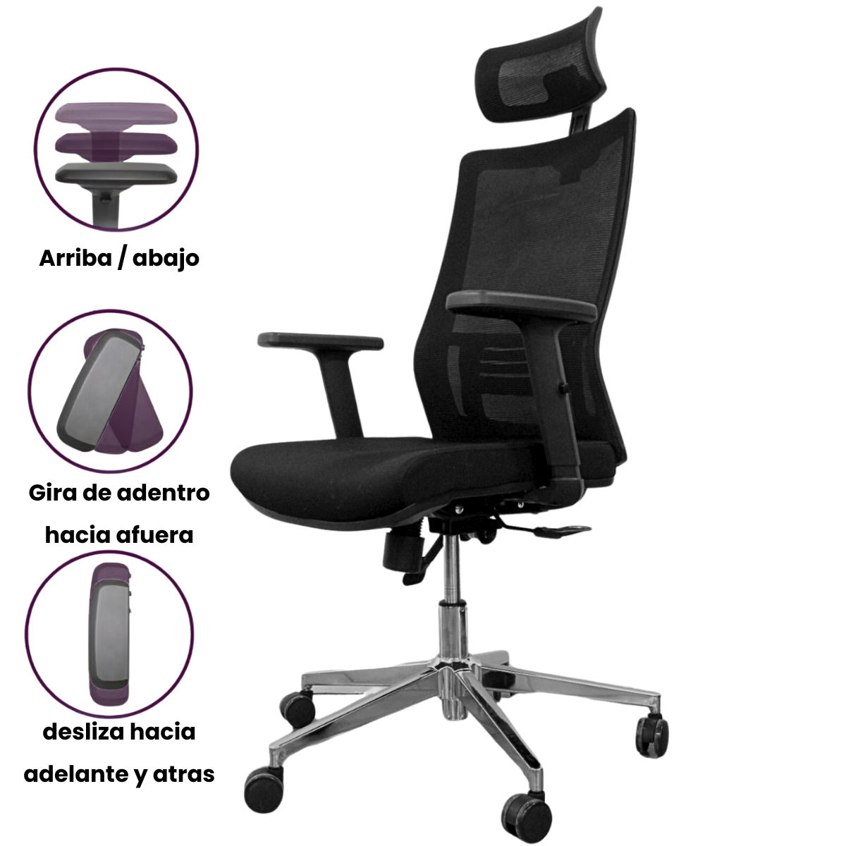 Silla Tylor CA027 Ergonómica - Con Cabecera - Brazos 1D o 3D - Apoyo Lumbar, Respaldo y Altura Regulable - Base Cromada